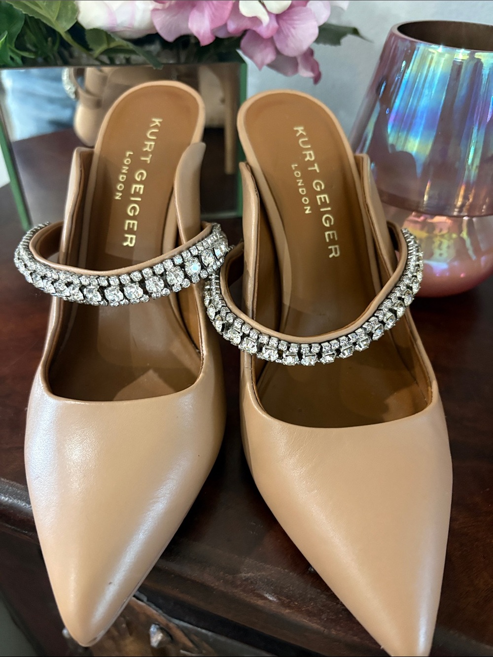 Kurt Geiger Nude Crystal-Strap Pointed Toe Mules